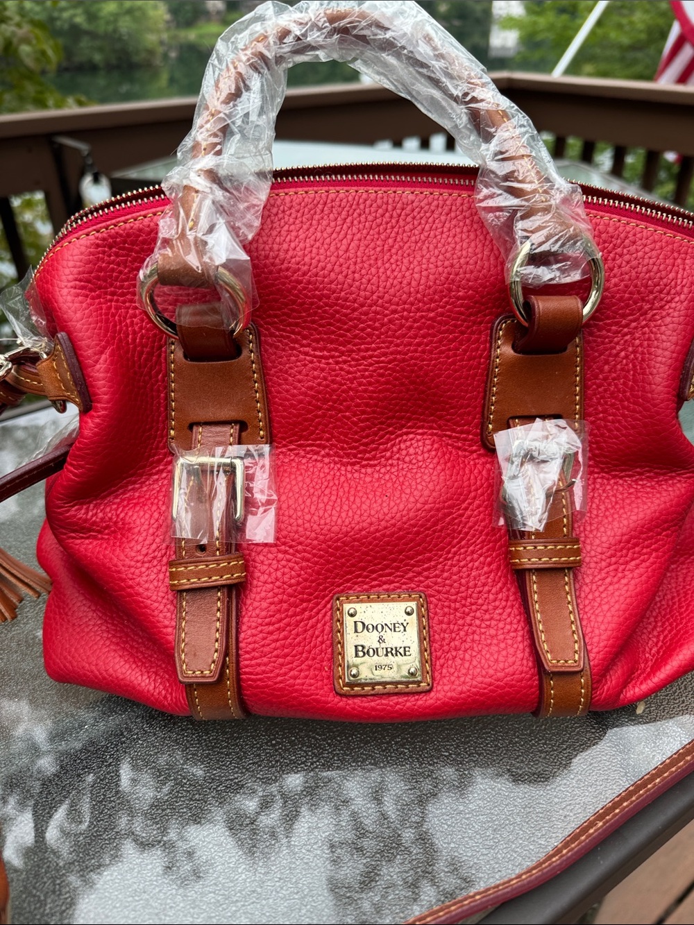 Dooney & Bourke Red Pebble Leather Satchel with Brown Trim